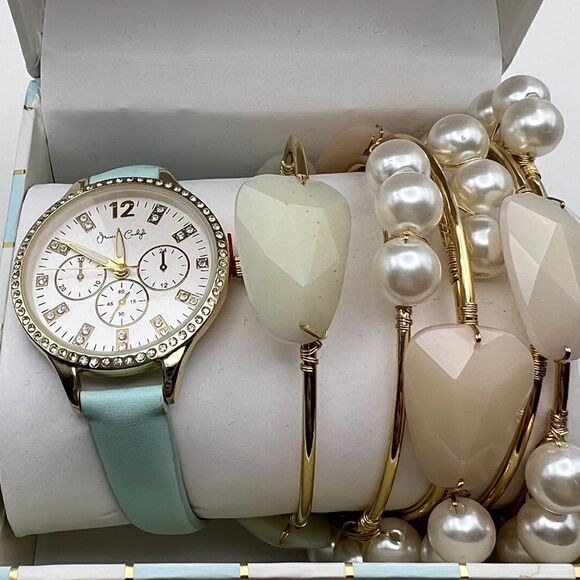 Jessica Carlyle White Gold-Tone Blue Strap Analog Watch & Bracelets New - Picture 2 of 4